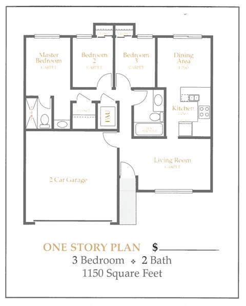 Floor plan for 3 beds, 2 baths, 1100 sqft
